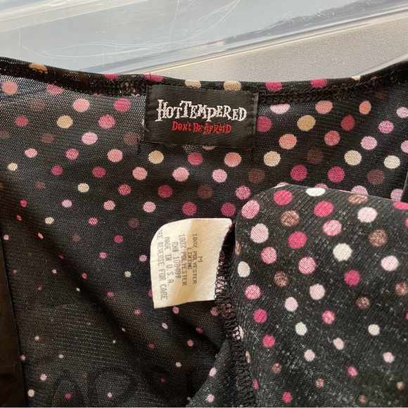 Hot Tempered Don’t Be Afraid Y2K B&W Pink Polka Dot Mesh Flare Long Slv Babydoll - Picture 7 of 8